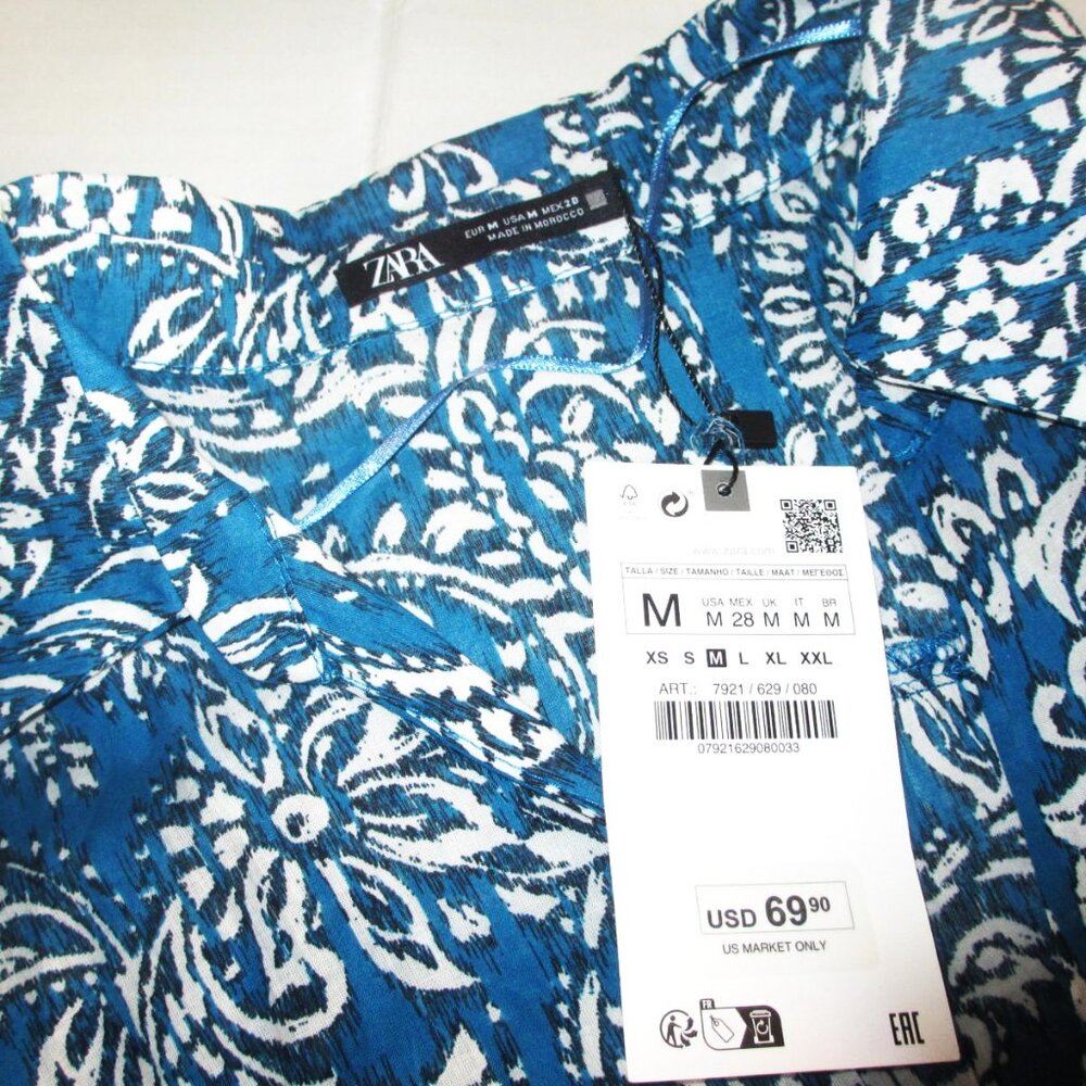 ZARA 100% Cotton Floral Blue Midi Dress Medium Button Front Belt Paisley Print - Picture 12 of 12